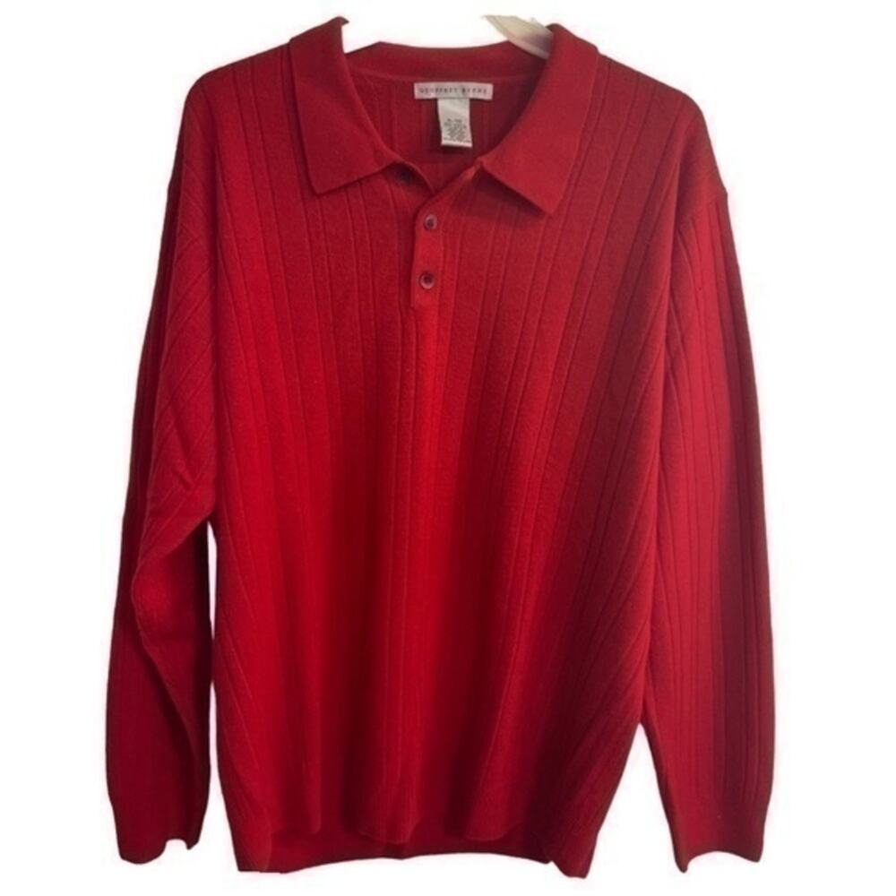 Geoffrey Beene XL Ribbed Knit Polo Sweater Red Long Sleeve Collared Pullover